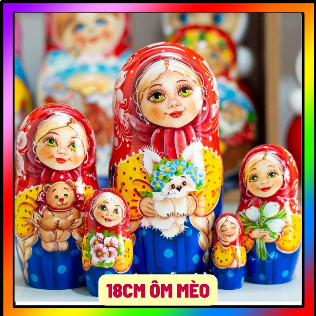 Bộ búp bê nga matryoshka 5 lớp 18cm hoa văn "cô bé ôm mèo" cực đẹp và sang trọng