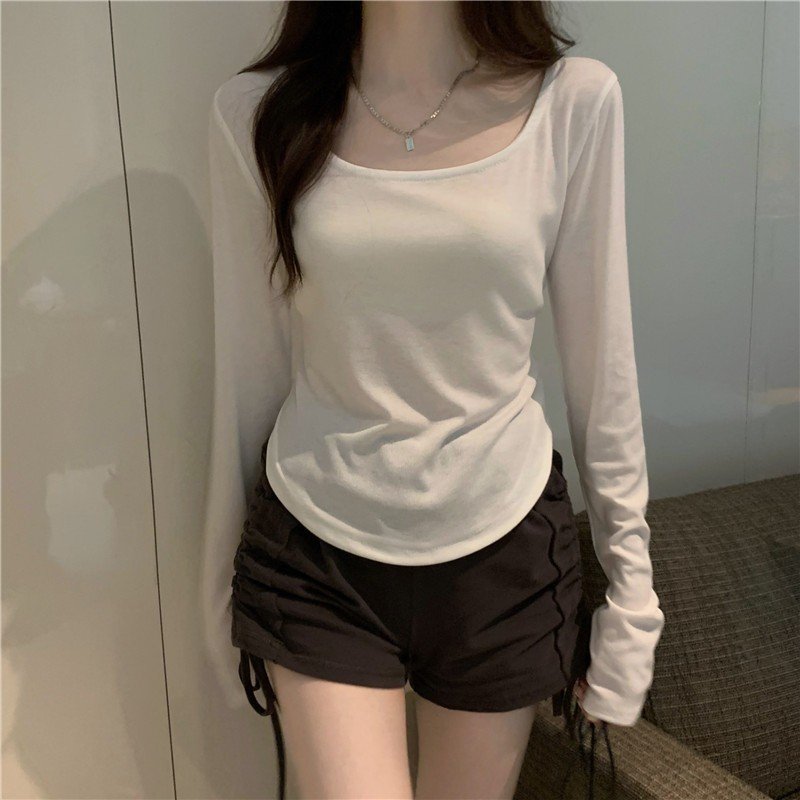 Áo thun kiểu nữ dài tay cổ vuông vạt đuôi tôm dáng ngắn sexy dễ phối mọi outfit thu đông GUUHOUSE