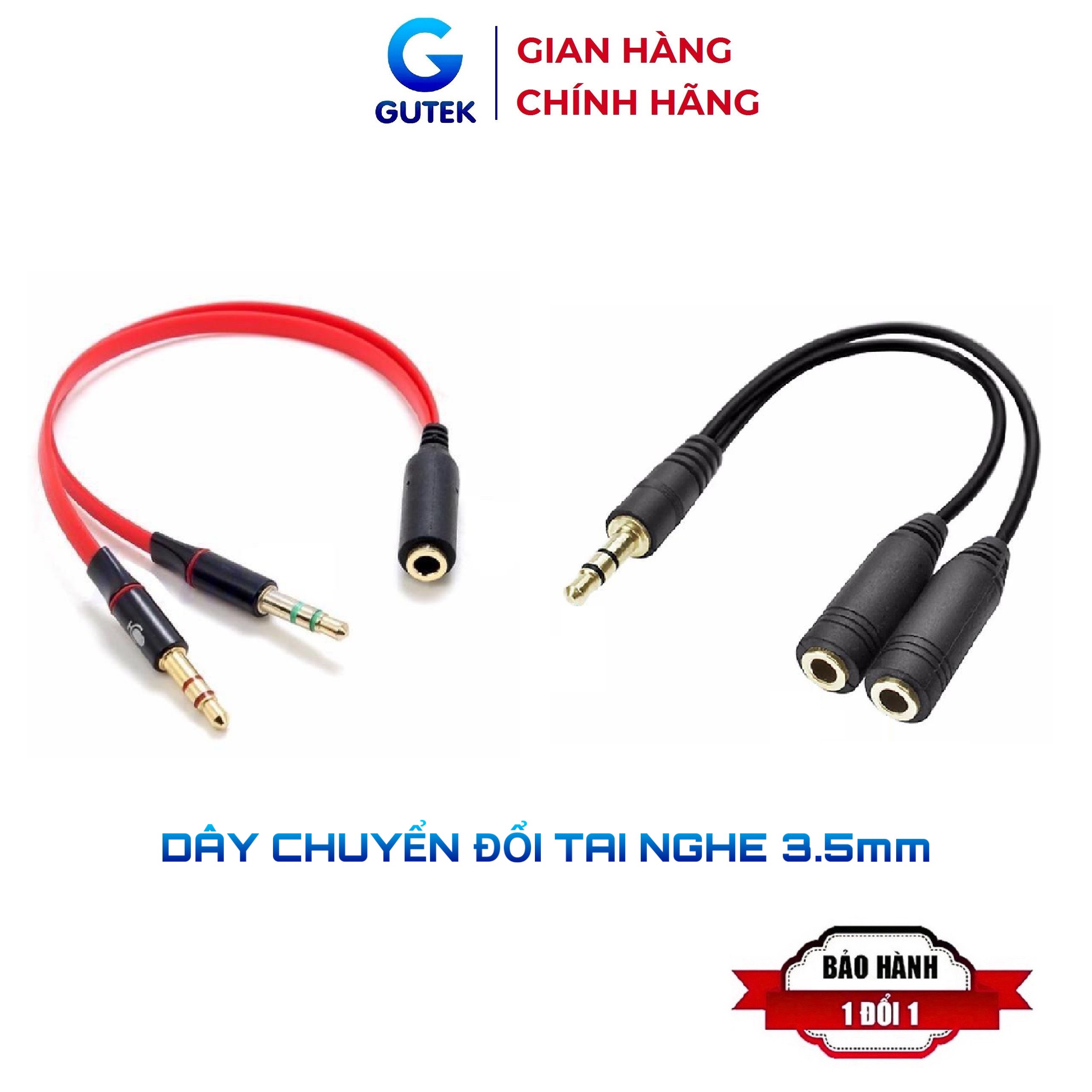 Dây chuyển đổi tai nghe 3.5mm sang 2 cổng 3.5mm (2 chiều) cho âm thanh audio và mic Gutek J01