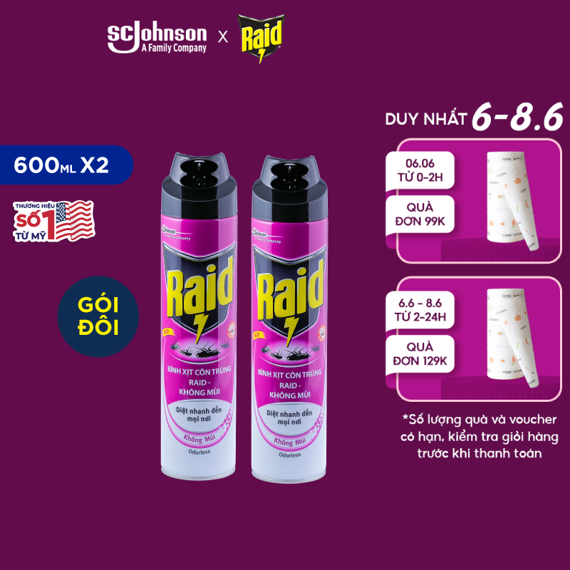 Combo 2 Bình xịt côn trùng RAID Không Mùi thoáng mát 600ml/bình