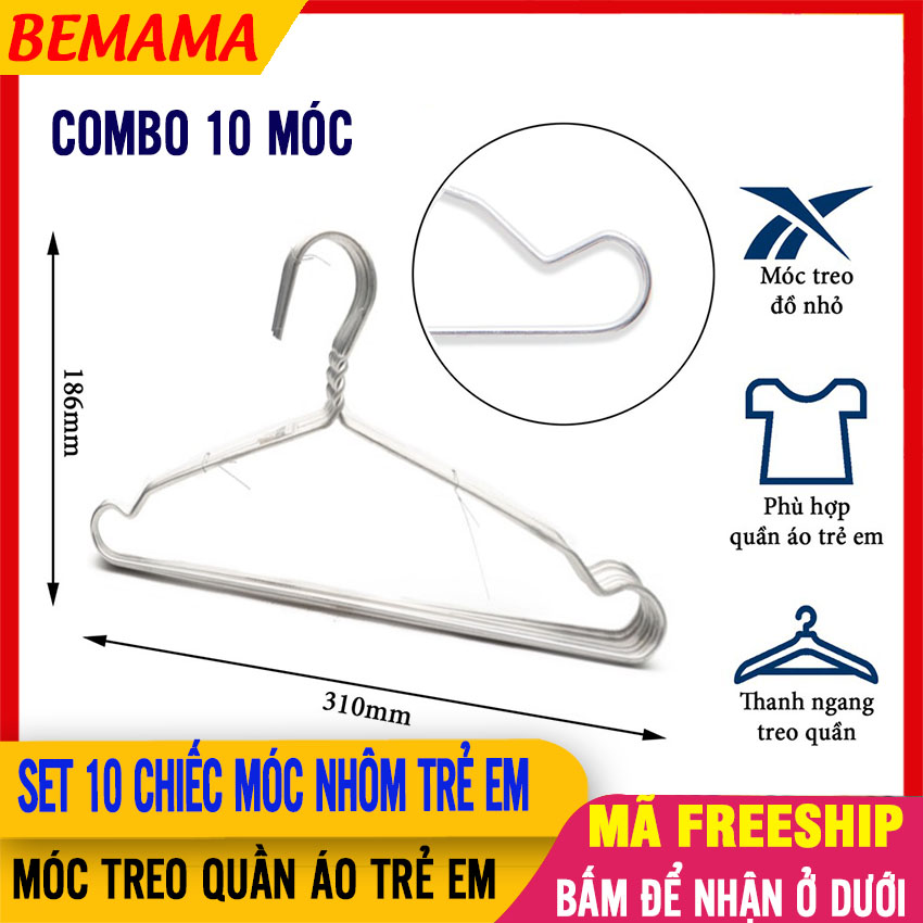 Mắc quần áo trẻ em bằng nhôm đặc không gỉ sét , dùng bền, chắc chắn, sáng trắng - mắc phơi, kẹp quần áo, mắc inox, móc nhôm phơi quần áo cho bé, mắc đồ trẻ em, móc treo đồ bemama - 10 móc phơi nhôm - btt00564