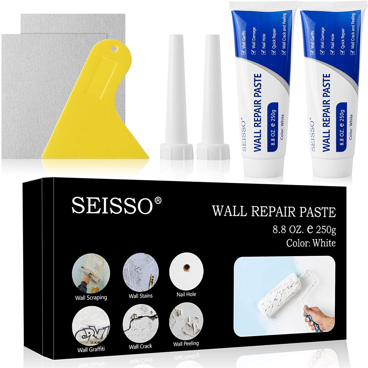 Bộ dụng cụ sửa chữa vách thạch cao 2 gói, Bộ vá tường, Bột bả tường để lấp đầy lỗ, kem hoàn thiện không độc hại an toàn, sửa chữa lỗ