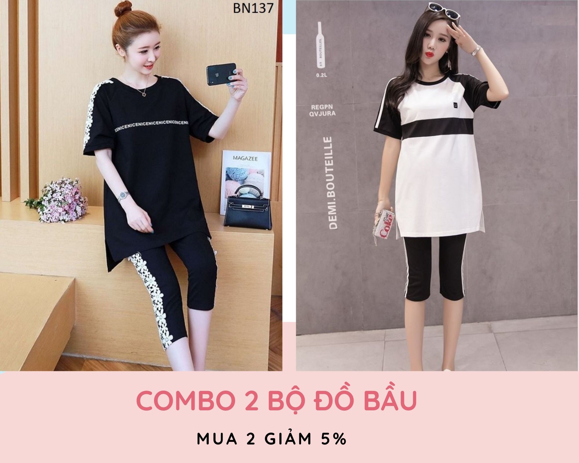 Combo 2 bộ đồ bầu và sau sinh, set đồ nữ thời trang bn137+bn175