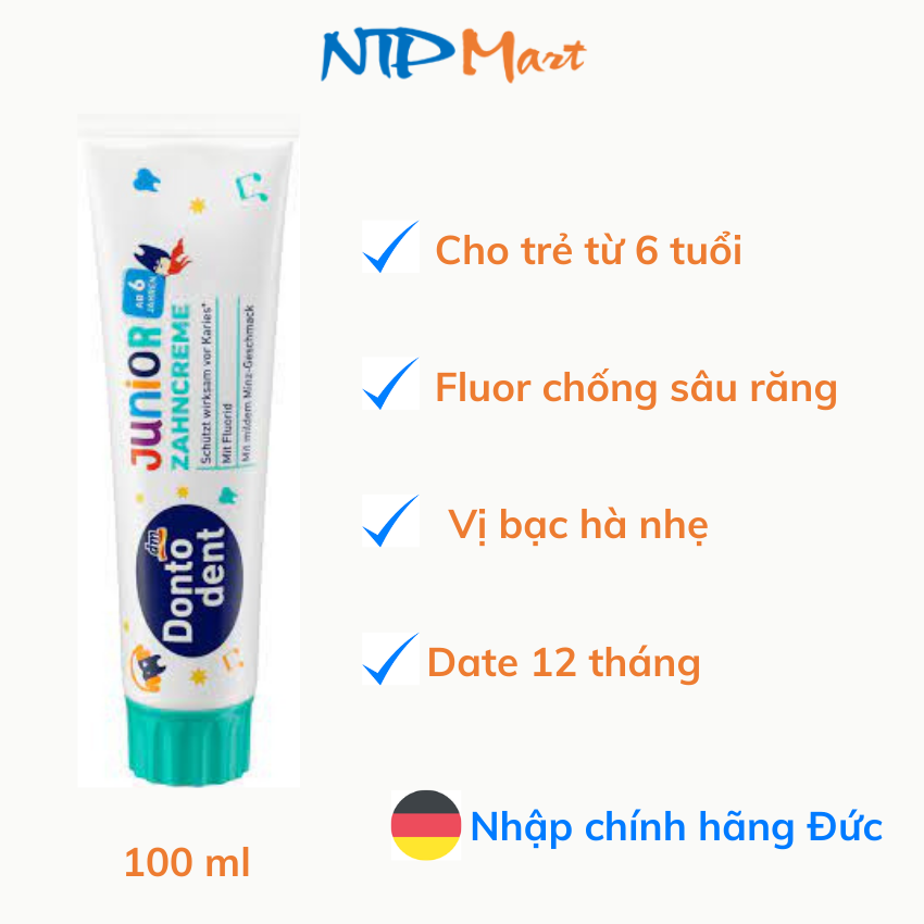 [HCM]Kem đánh răng trẻ em DONTODENT Junior 6+ cho trẻ em 6 tuổi trở lên nhập từ Đức