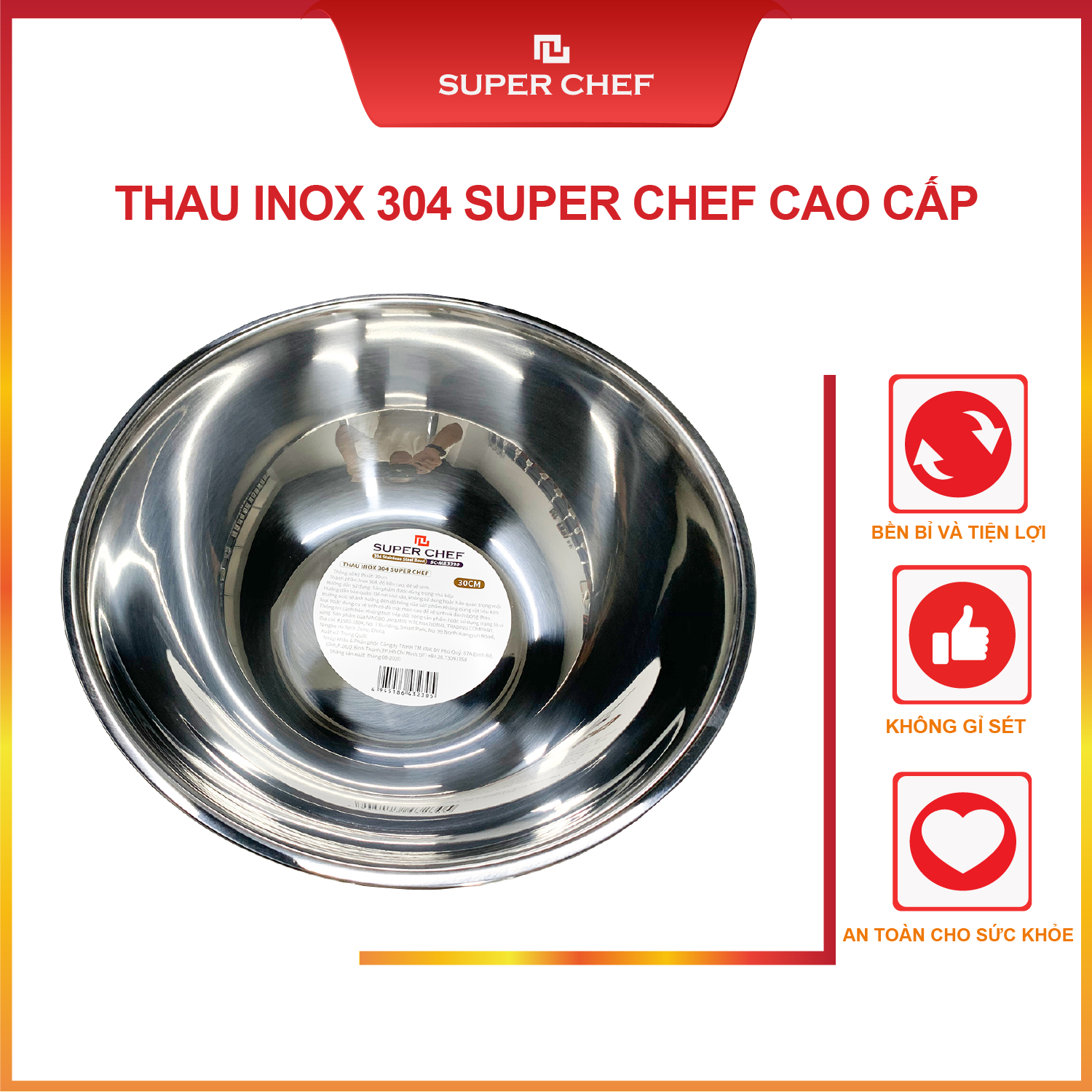 Thau Inox Dày Super Chef Vành Rộng Không Gỉ Sét, Sáng Bóng Sang Trọng ( từ 15-24cm)