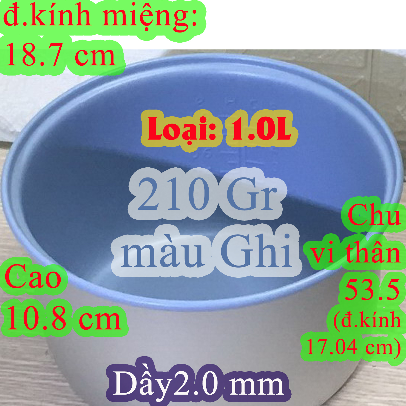 Ruột nồi cơm điện 1.0 Lchống dính màu Ghi nhũ, màu đen, nặng 210 gr