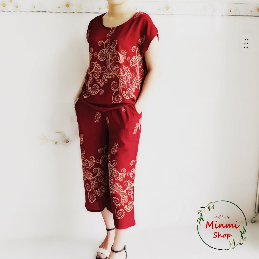 Đồ Bộ Trung Niên U40 U50 Đồ Bộ Ống Rộng Cho Mẹ Bà Ống Suông Quần Lở Hoạ Tiết Sang Trọng Voan Hàn Quốc