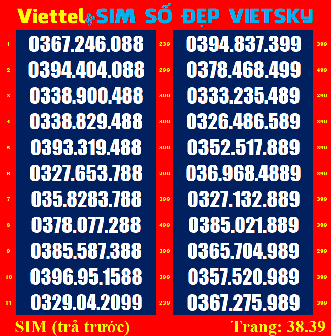 Sim viettel đuôi 89,88,99 list 38 39, sim mới 100%, chưa đăng kí, sim viettel phủ sóng toàn quốc | vietsky