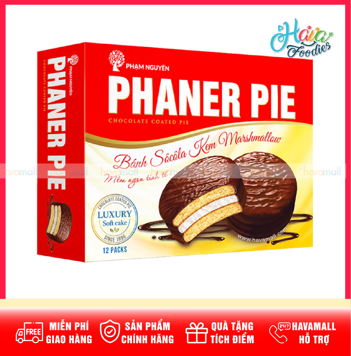 Bánh Sôcôla Kem Marshmallow Mềm Mịn Phaner Pie Phạm Nguyên Hộp 336g (12 Gói) – Phaner Pie Chocolate Coated Pie