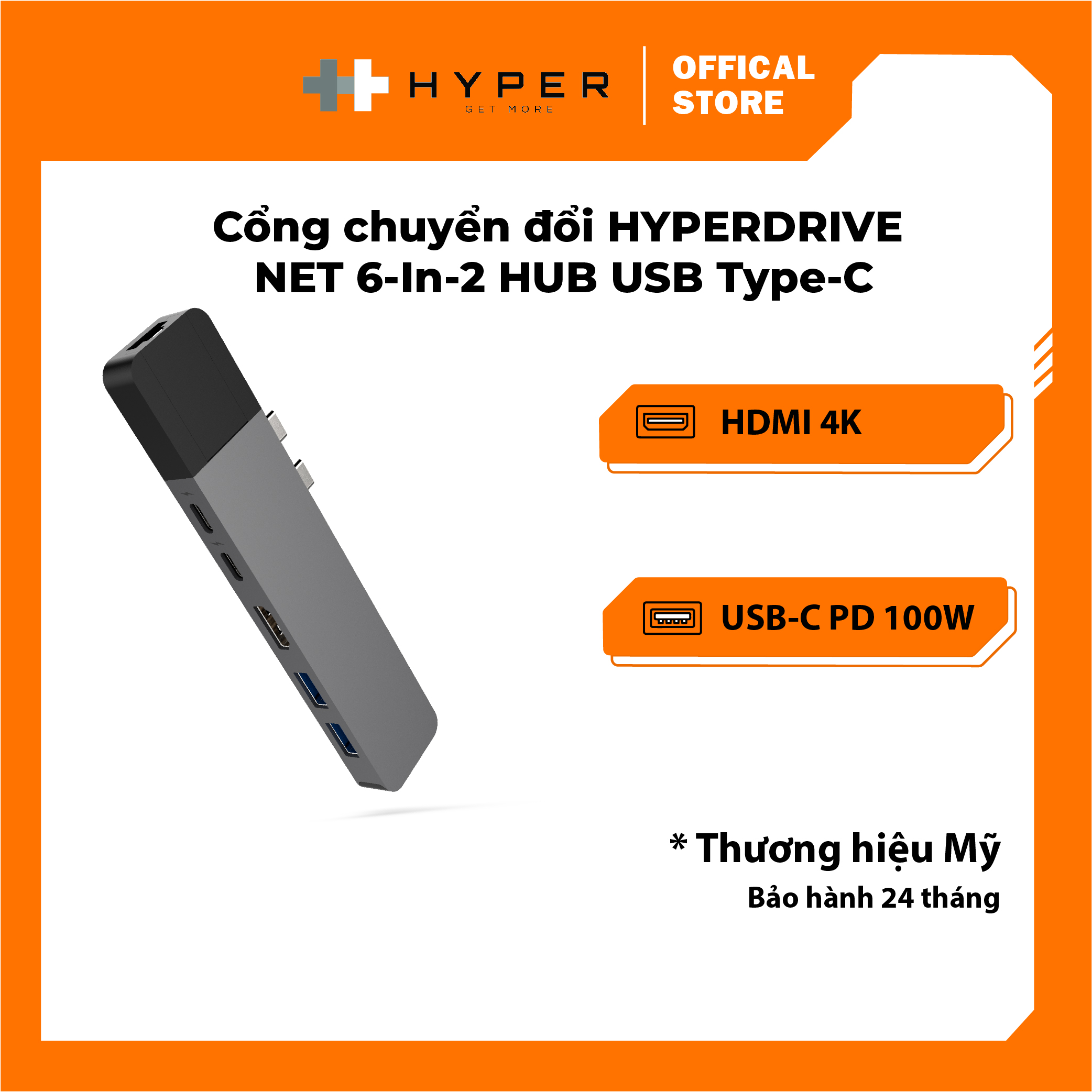 Cổng chuyển hyperdrive net 6-in-2 hub for usb-c macbook pro 13″15″ 2016/2017/2018 – gn28n