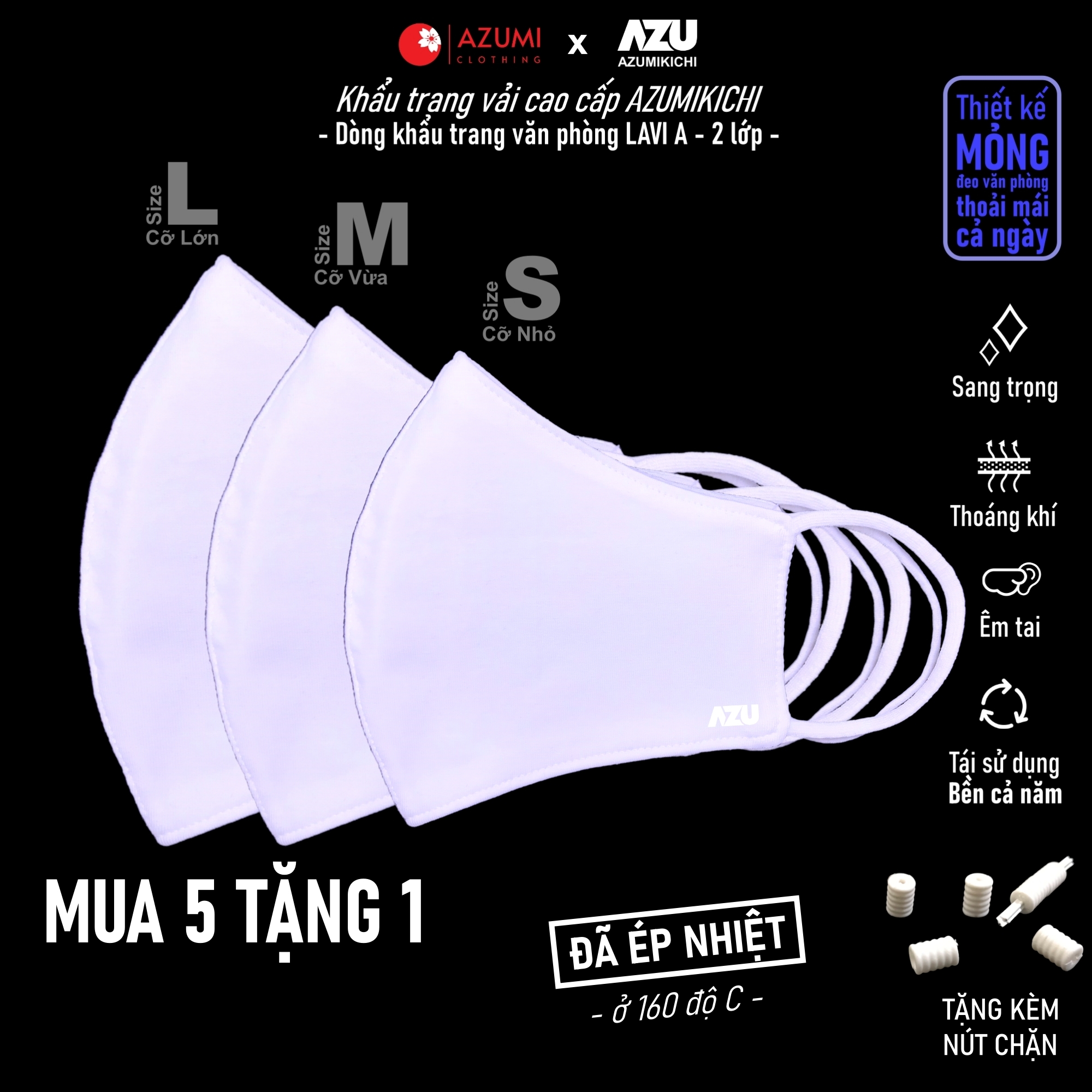 Khẩu trang vải mua 5 TẶNG 1 chính hãng Azumikichi màu Trắng, khau trang thời trang cao cấp sang trọng - Lavi A2