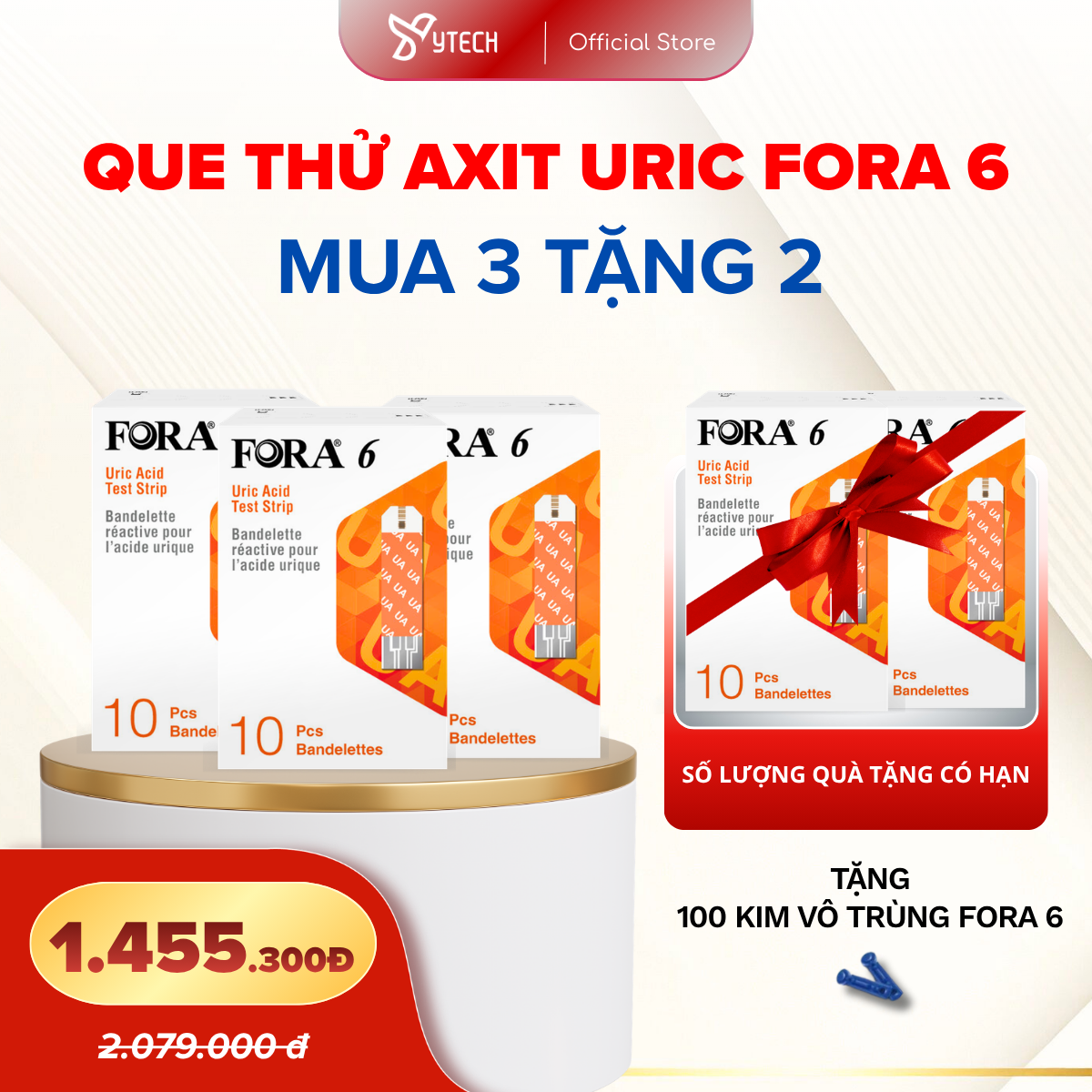[YTECH] Mua 3 Tặng 2 | Que Thử Axit Uric FORA 6 (5 Hộp) + 100 Kim Vô Trùng