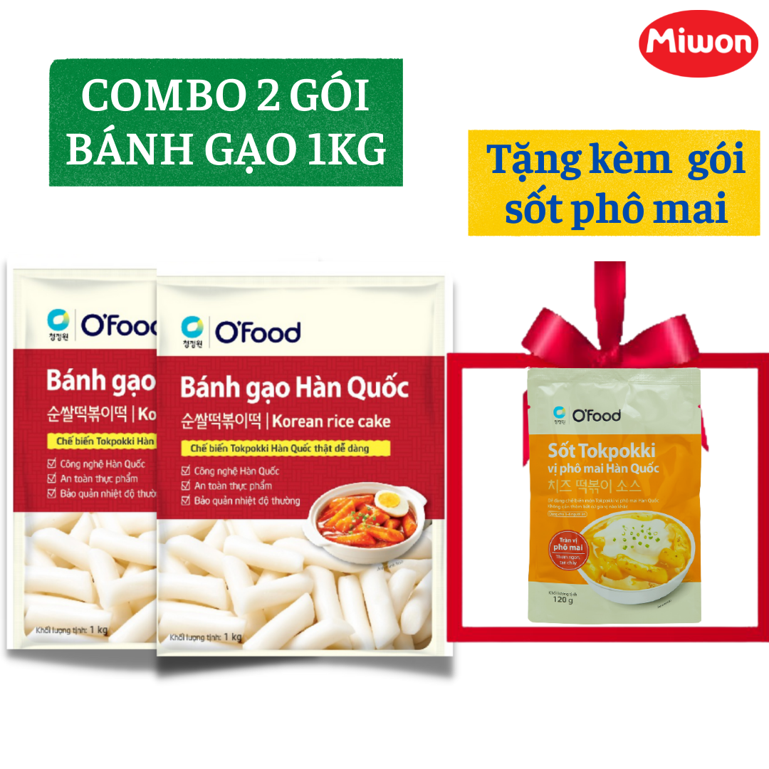[TẶNG KÈM SỐT 25K] COMBO 2 gói Tokbokki bánh gạo Hàn Quốc O'Food 1KG, Tặng kèm 1 gói sốt nấu vị phô mai 120G, Set nấu tokbokki cho 10 đến 12 người ăn