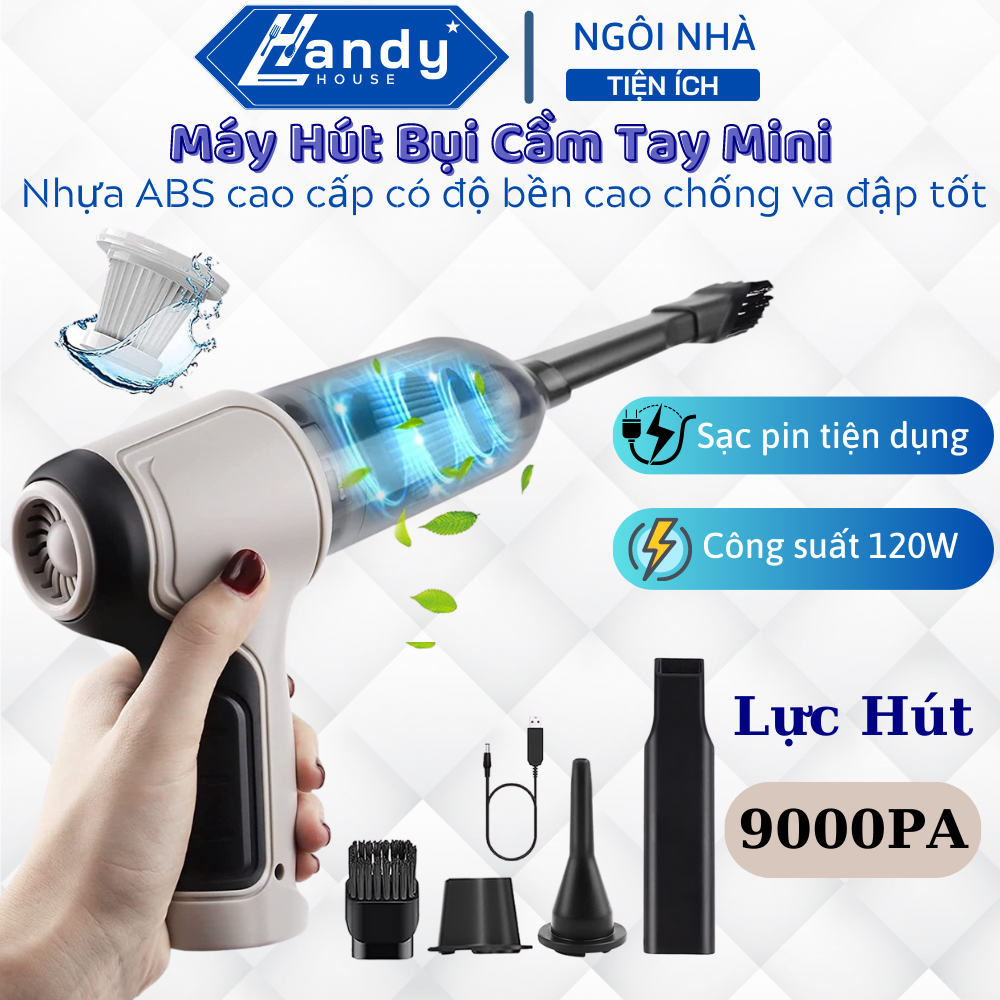 Máy hút bụi cầm tay sạc pin mini 2in1 kiêm máy thổi bụi cao cấp, công suất 120w lực hút 9000pa