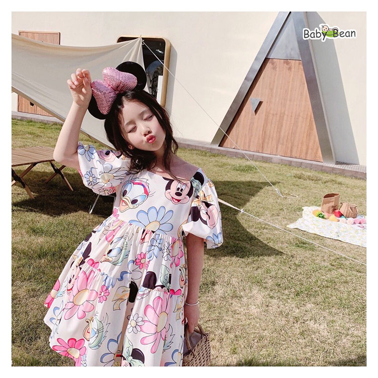 Váy Đầm Cotton In Hoạt Hình Tay Phồng Bé Gái BabyBean