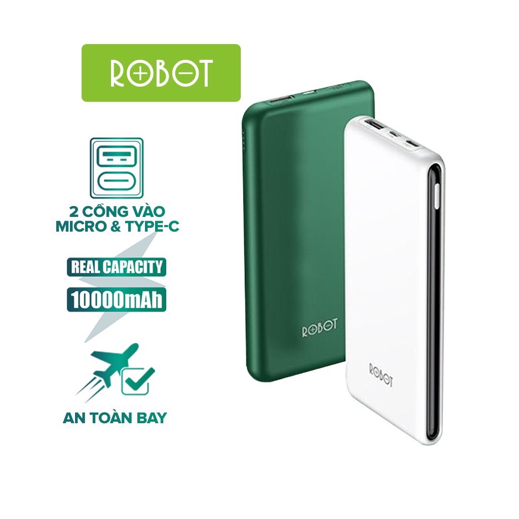  Pin dự phòng Robot RT180 dung lượng cao 10000mah cục sạc nhỏ gọn siêu mỏng siêu nhẹ 2 cổng sạc vào 1 cổng sạc ra chất lượng 