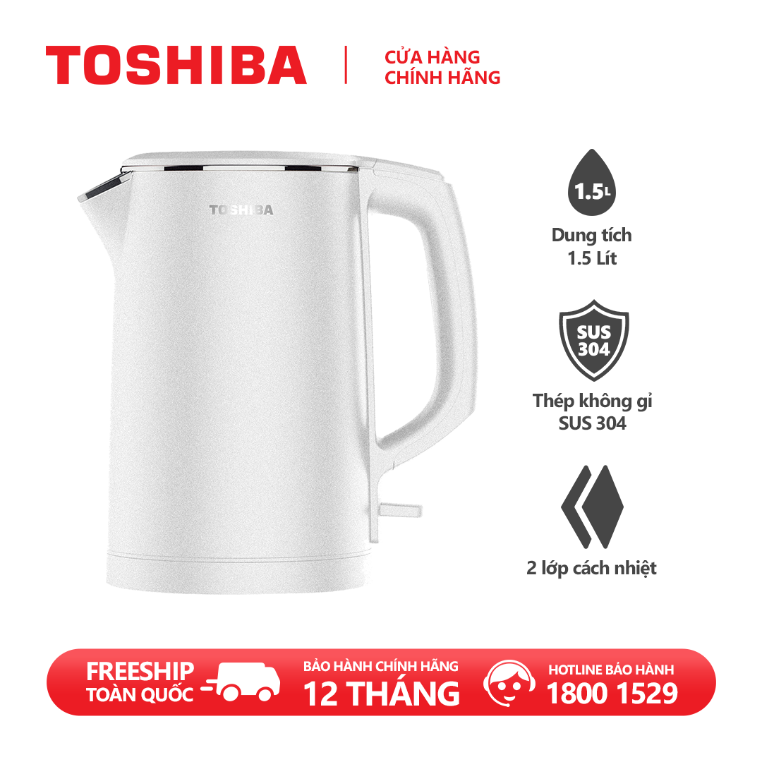 Ấm đun siêu tốc Toshiba KT-15DS1PV - 1.5L - Inox 304 - Hàng chính hãng, bảo hành 12 tháng, chất lượng Nhật Bản