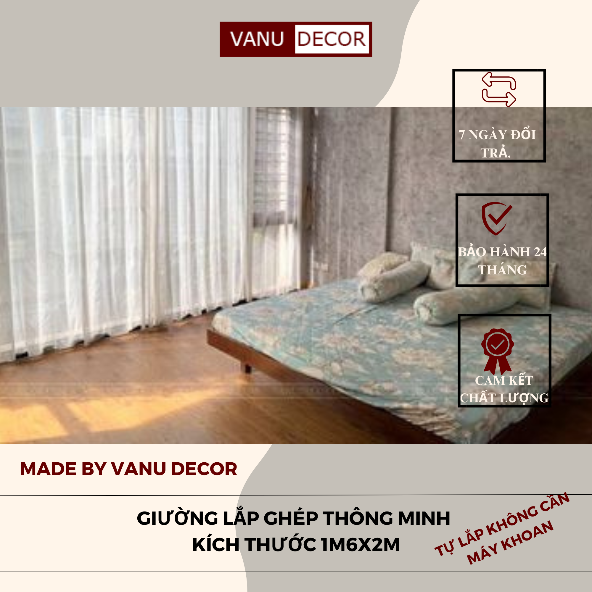 Giường ngủ - Giường gỗ VANU DECOR Dễ Dàng Tháo Lắp Không Cần Máy Khoan - Kích Thước 1m6x2m- decor phòng ngủ