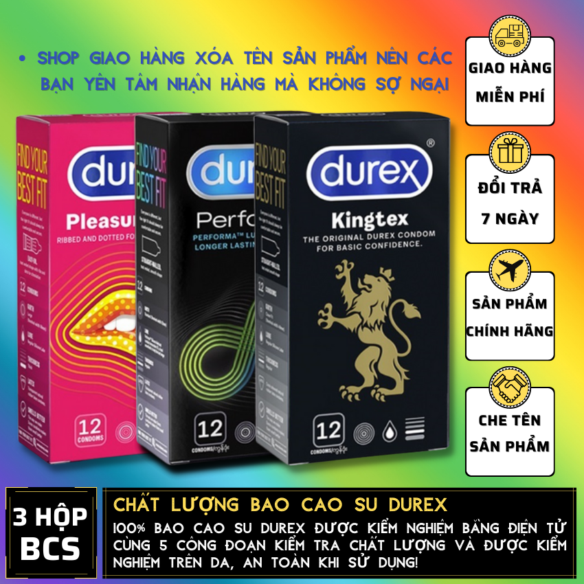 FREESHIP 03 Hộp Durex Pleasuremax gân gai + Performa kéo dài  + Kingtex size cỡ nhỏ [Che tên sản phẩm]