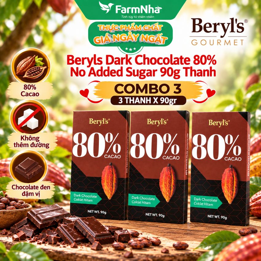 (Combo 3) Sô cô la Beryls No Added Sugar Dark 80% Chocolate 90g - Lựa Chọn Cho Tín Đồ Sô Cô La Đen