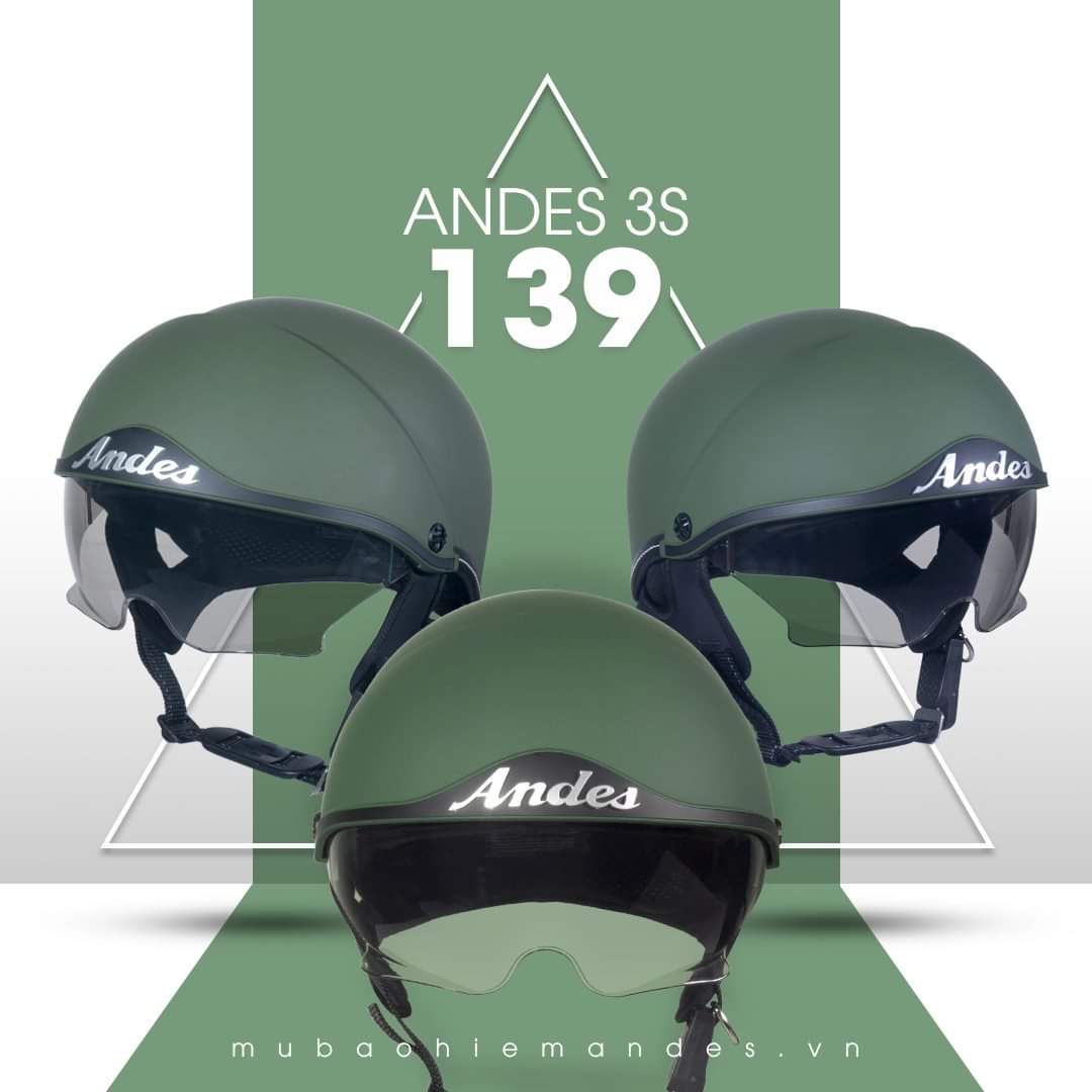 Mũ Bảo Hiểm ANDES 139 Kính Dấu /Lòng Nón 3S Tháo Giặt(Màu Xanh Rêu)