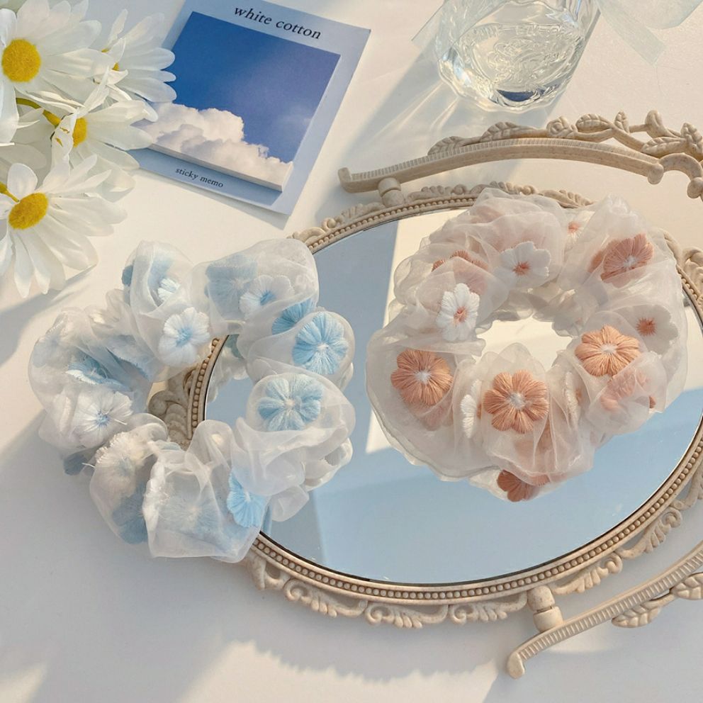 Scrunchies dây buộc tóc cột tóc thêu hoa