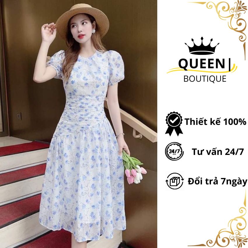 Váy hoa nữ chất voan nhẹ thiết kế dáng dài tôn dáng, Đầm công sở hoa ôm eo duyên dáng hiện đại trẻ trung