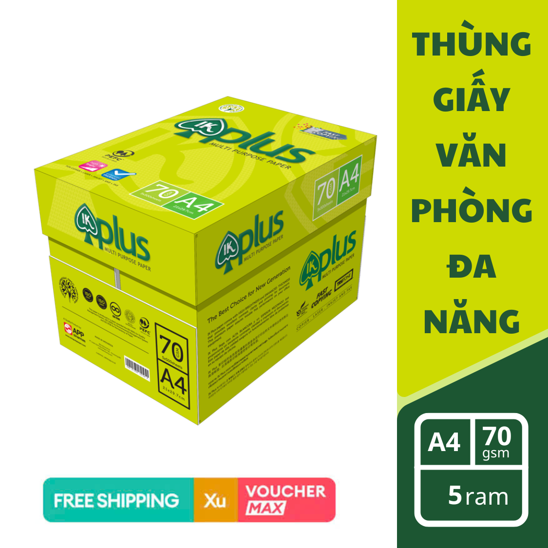 [IN 2 MẶT] Thùng giấy in A4 IK PLUS Định lượng 70gsm, 500 tờ/RAM, độ dày 110um, giấy dày, trắng mịn, in đều màu, sắc nét, độ dày cao, chữ in không lem nhòe 5 RAM/THÙNG - THÙNG