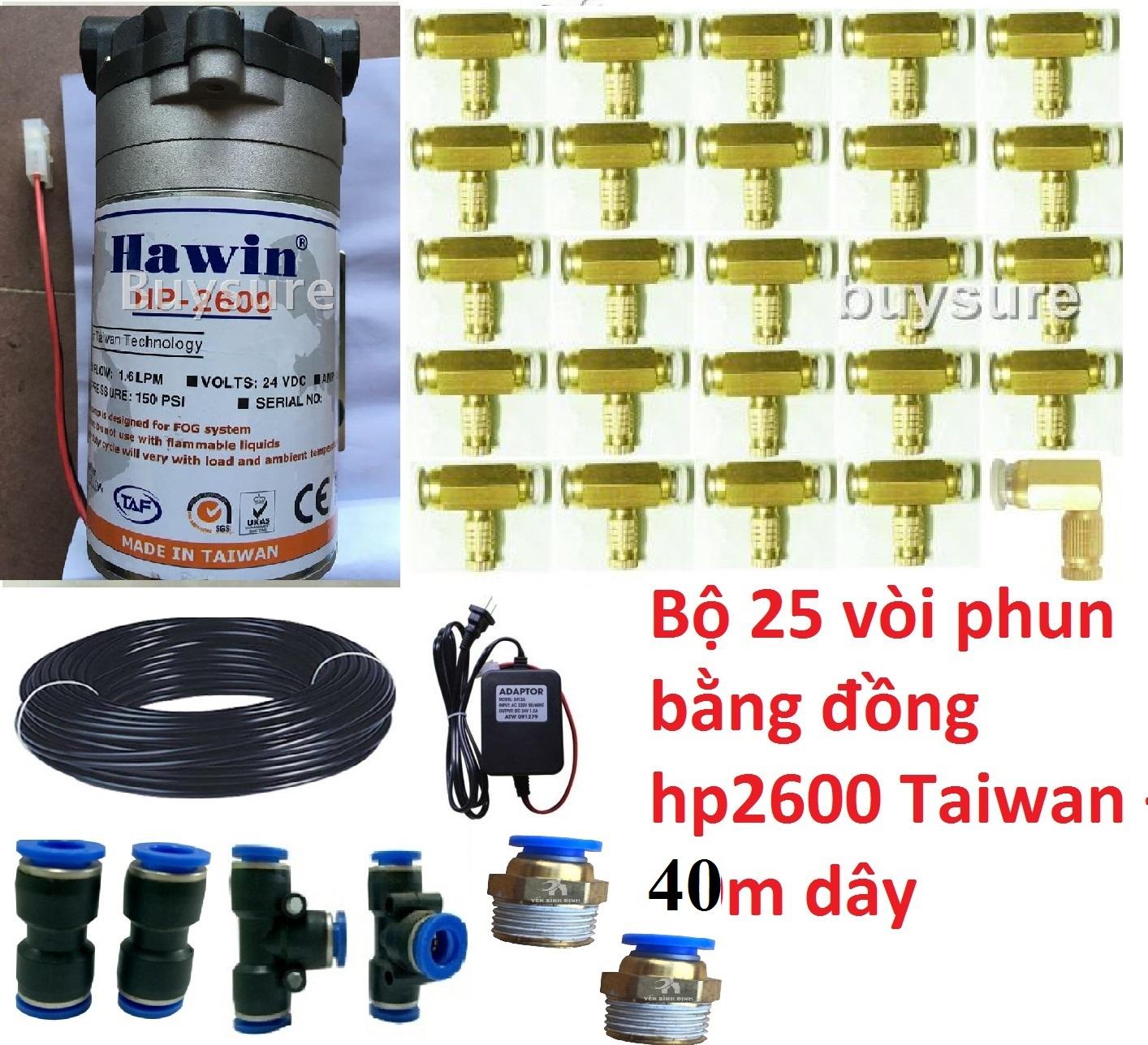 Bộ máy phun sương đl 25 vòi phun+ 40m dây+nối t+nguồn+ren 17/8 hp2600 buysure