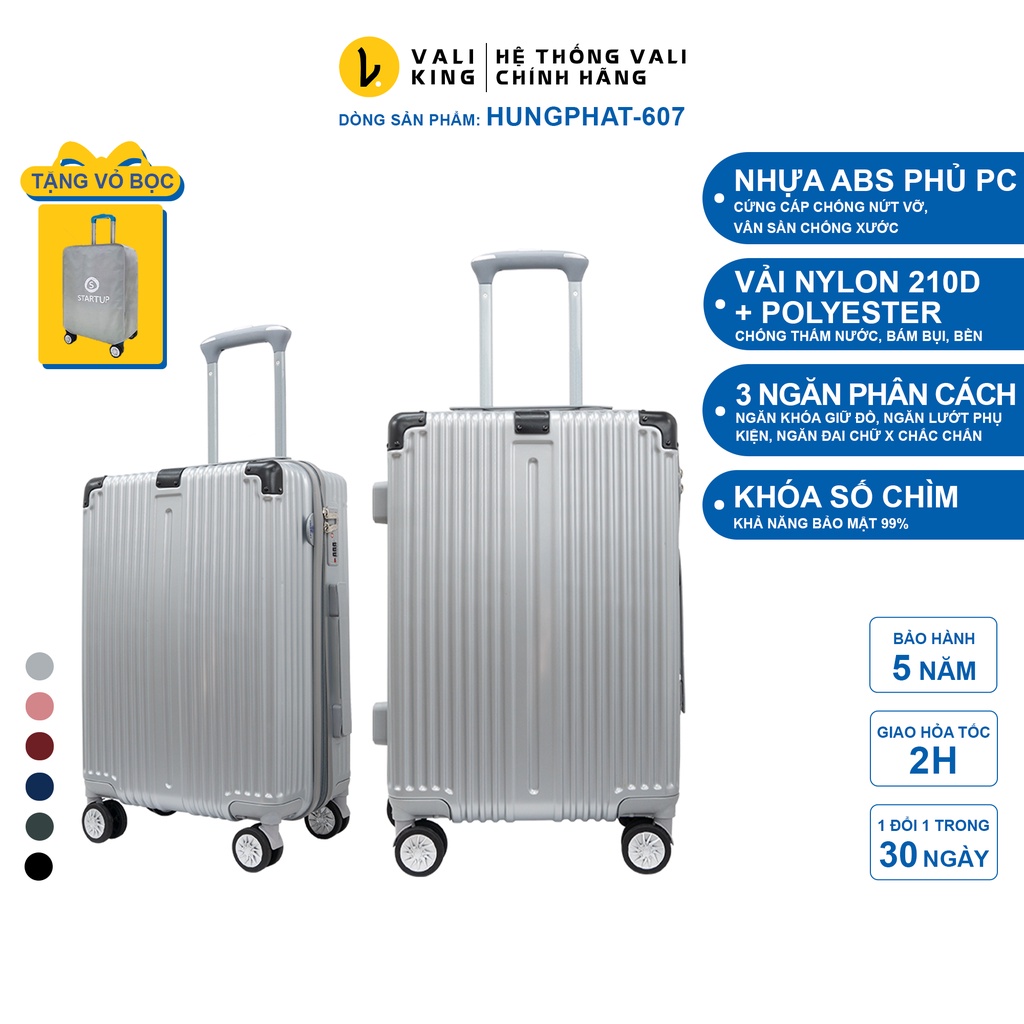 Vali kéo cao cấp hungphat-607 bo góc kim loại kích thước 20, 24 inch chính hãng hùng phát - bảo hành 5 năm