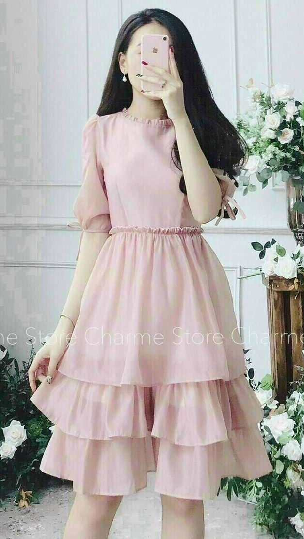 [HCM]Đầm xếp ly cổ ba tầng dễ thương ba màu ( màu trắng màu hồng và màu đỏ )