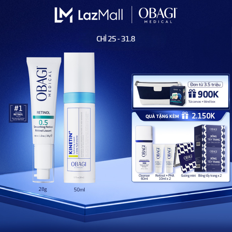 Bộ đôi Kem chống lão hóa Obagi 360 Retinol 0.5 28g và Kem dưỡng phục hồi làm dịu da Obagi Clinical Kinetin+ Hydrating Cream 50ml