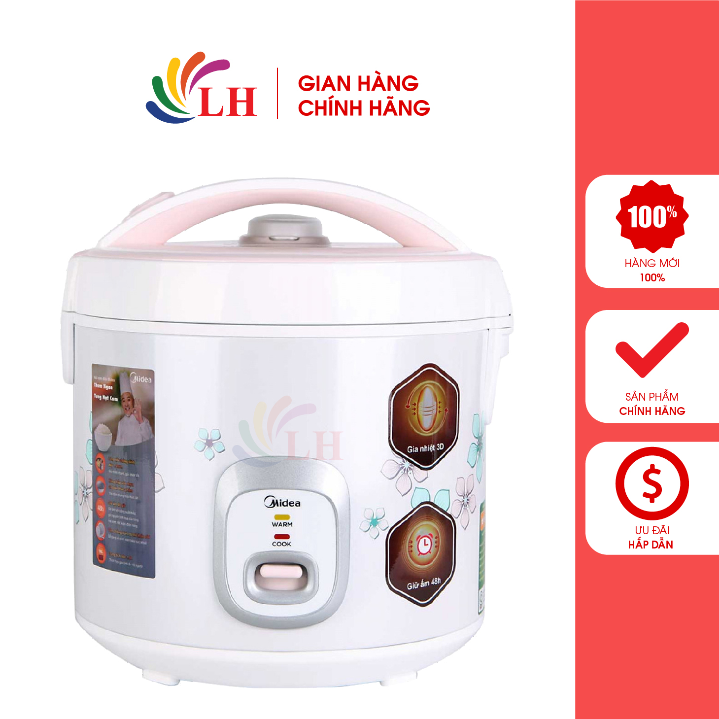 Nồi cơm điện nắp gài Midea 1.8 lít MR-CM1825 - Hàng chính hãng - Công suất 700W, công nghệ 3D nấu cơm nhanh chín, 2 chế độ nấu đơn giản, có lỗ thoát hơi nước giúp cơm lâu hư