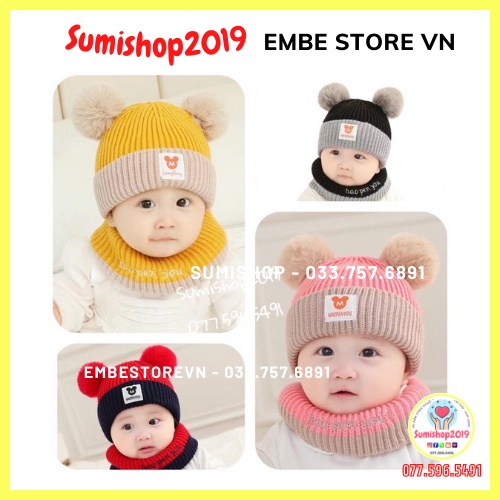 Mũ len kèm khăn quàng cổ cho bé từ 0-3 tuổi / Nón len kèm khăn quấn cổ Sumishop2019
