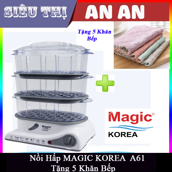 Nồi hấp thực phầm máy hấp Magic Korea A61 2 ngăn công suất 500w 10.5L hấp gà xôi rau củ + tặng 5 khăn lau bếp