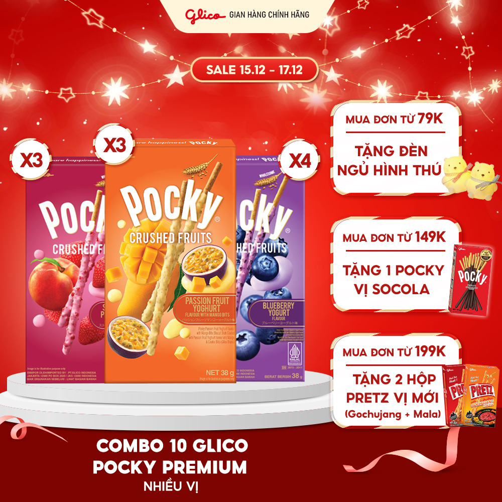 Combo 10 Hộp Bánh Que Pocky Premium Trái Cây Nghiền Sữa Chua Mix Vị 4 Việt Quất - 3 Dâu Đào - 3 Chanh Dây Xoài 38g Hộp