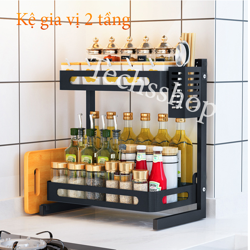 Kệ gia vị đa năng 2 tầng có khay đựng thớt ống đựng đũa muỗng và giá máng dao kéo bằng thép không gỉ - Đồ dùng nhà bếp