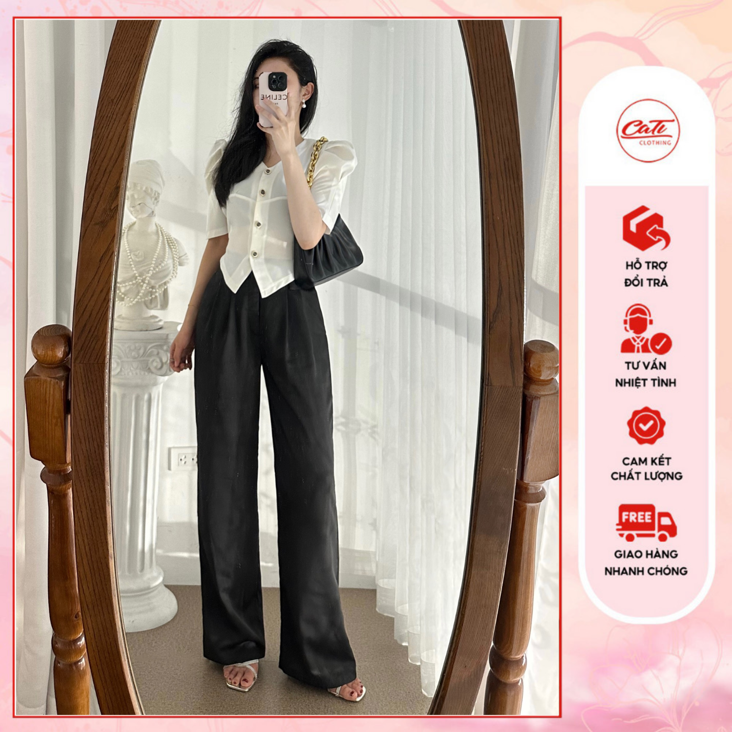 CATI Set quần dài áo crop 2 màu đen - trắng