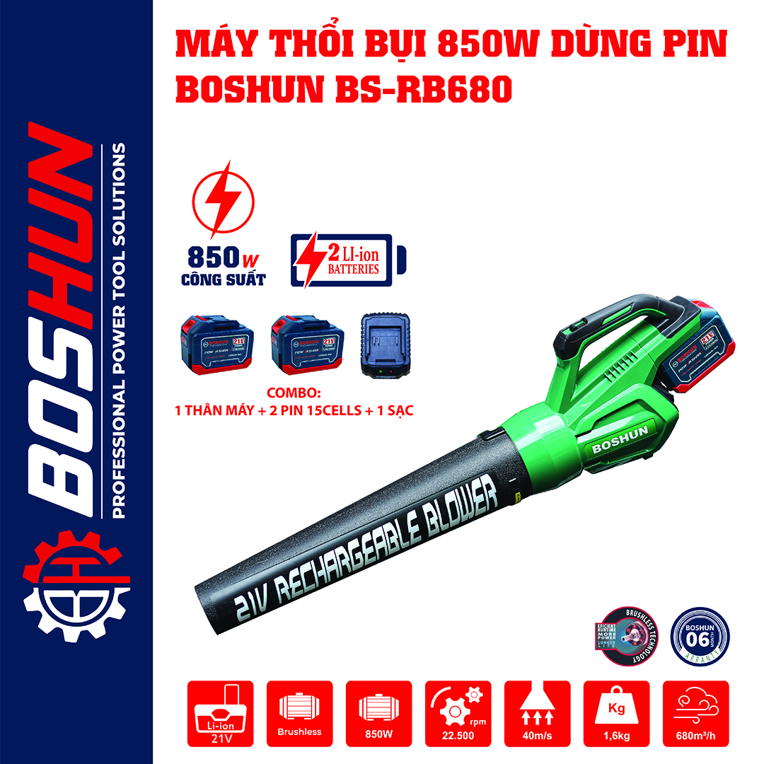 Máy thổi bụi cầm tay dùng pin Boshun BS-RB680, máy hút bụi cầm tay 850W, máy thổi bụi pin 15 cell dung lượng khủng