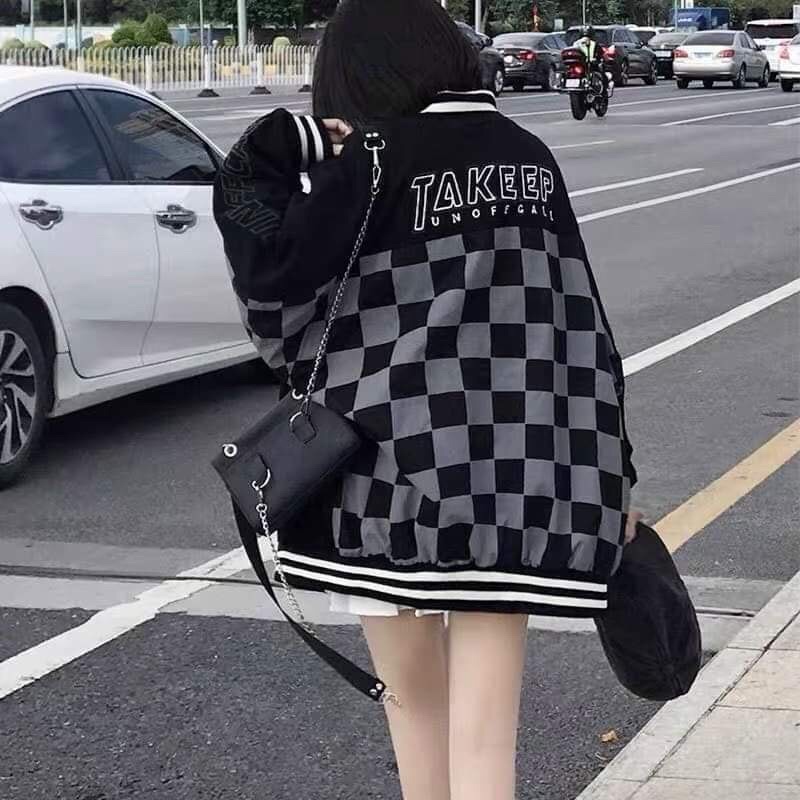 Áo Khoác Bomber TaKeep Karo Chất Nỉ Ngoại- Áo Cadigan thu đông nam nữ form thụng tay bồng unisex freesize giá rẻ Bigsize