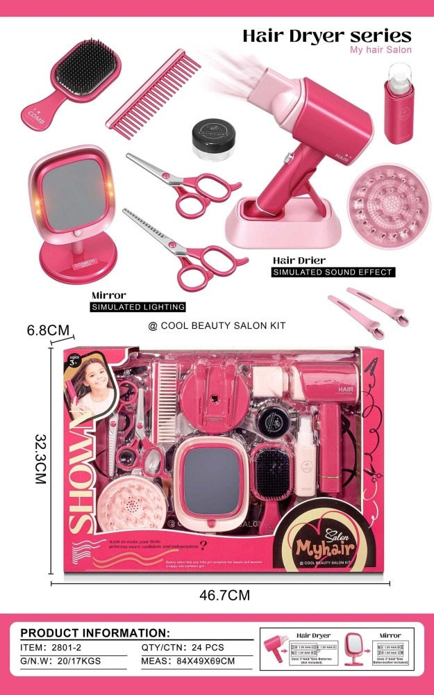 Bộ Đồ Chơi Làm Tóc Salon Cho Bé Kèm Máy Sấy Máy, Duỗi, Lược, Kéo, Phụ Kiện Trang Điểm Công Chúa