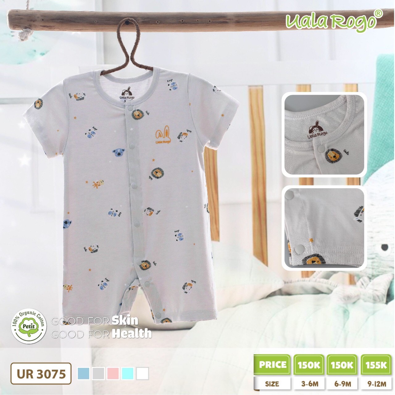 UR3075 - Body cộc tay UalaRogo vải Petit thoáng mát, co giãn dễ chịu