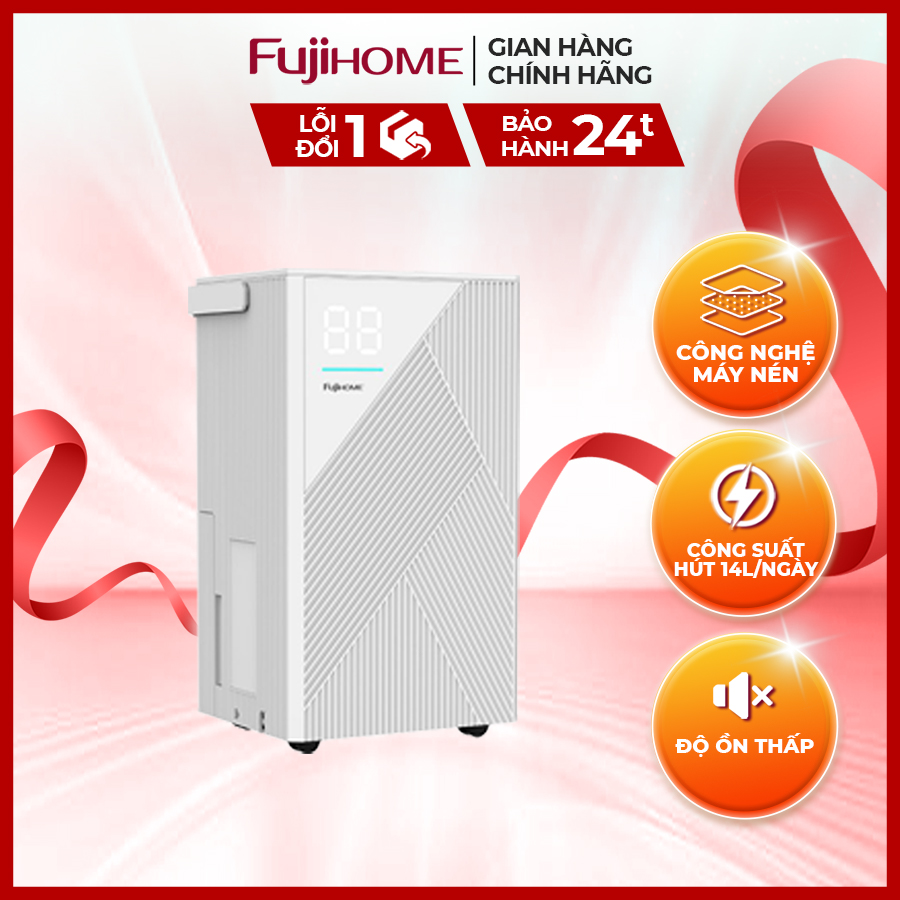 Máy hút ẩm dùng máy nén nhập khẩu FUJIHOME DH14 Công suất hút 14 lít/ ngày - Màn hình hiển thị độ ẩm - Đèn hiển thị chất lượng không khí - Bảo hành điện tử toàn quốc 24 tháng