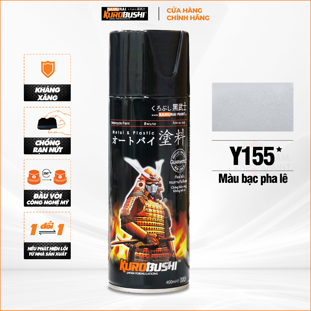 Sơn xịt samurai kurobushi - màu bạc pha lê y155 chuyên dùng cho xe máy
