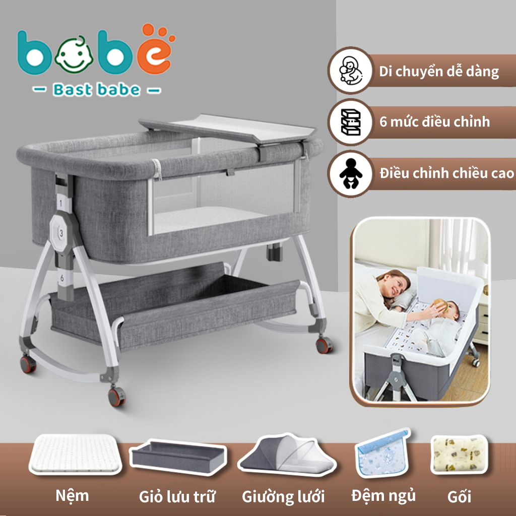 Nôi cho bé cao cấp tùy chỉnh độ cao chống trào ngược, ghép giường bố mẹ thông minh hiện đại êm ái an toàn tiện lợi cho bé