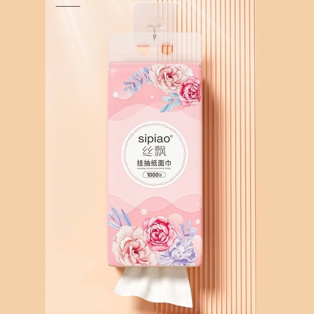 Bịch Giấy Treo Đa Năng SIPIAO Hoa Hồng, Khăn Rút Treo Trường 4 Lớp, mỗi bịch 1000 tờ dai mềm từ bột tre.