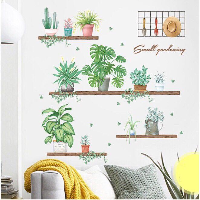 Decal dán tường mẫu chậu cây kèm kệ kết hợp dụng cụ làm vườn