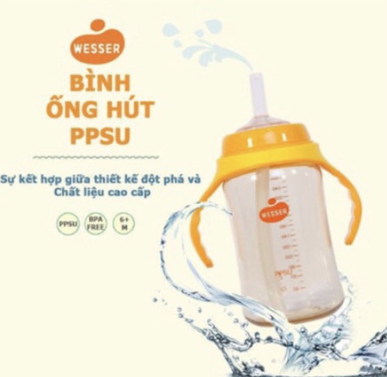 Bình ống hút tập uống Wesser 260ml PPSU cho bé từ 6 tháng tuổi.