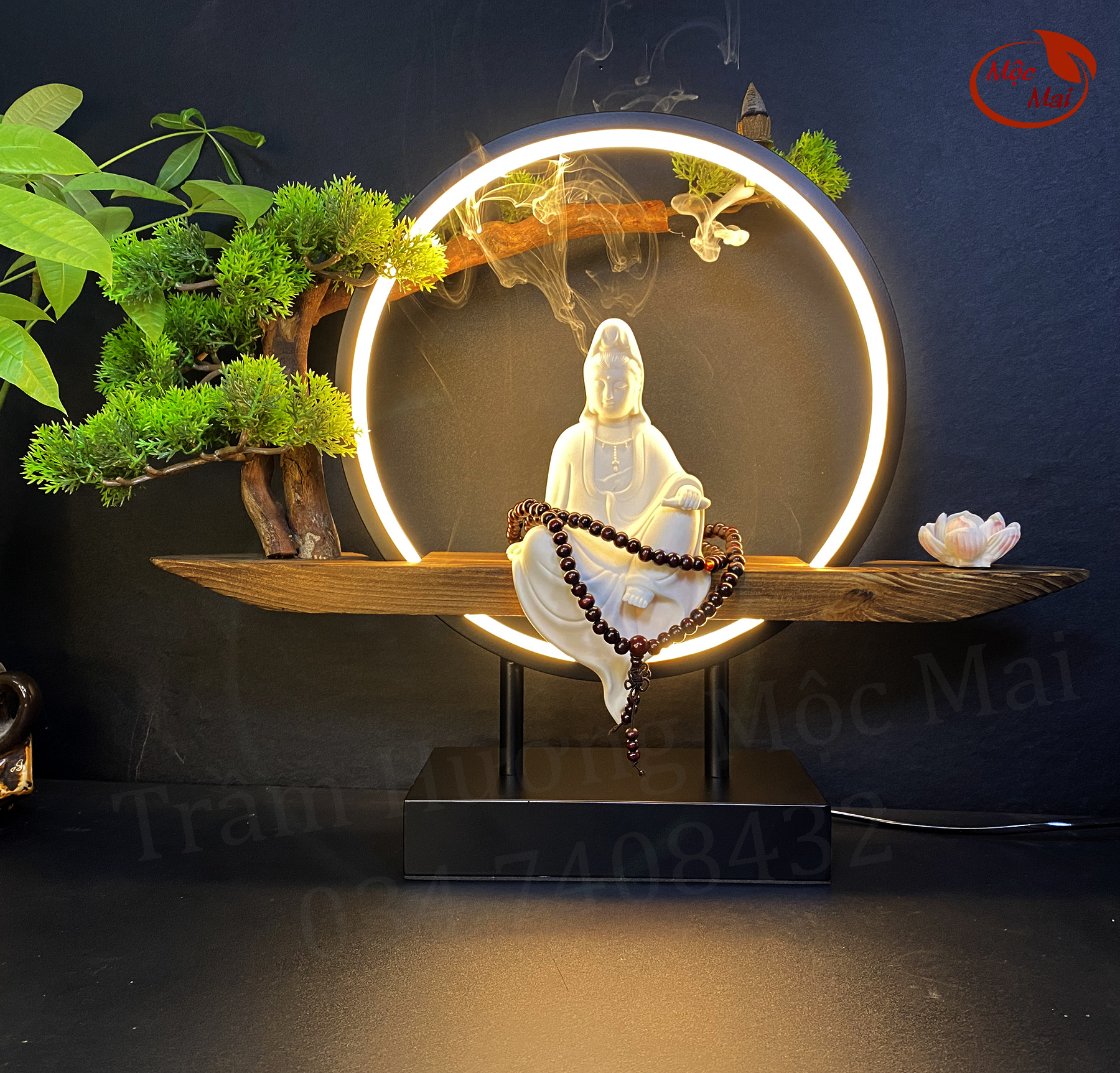 Thác khói trầm hương đèn led -tượng phât +phụ kiện