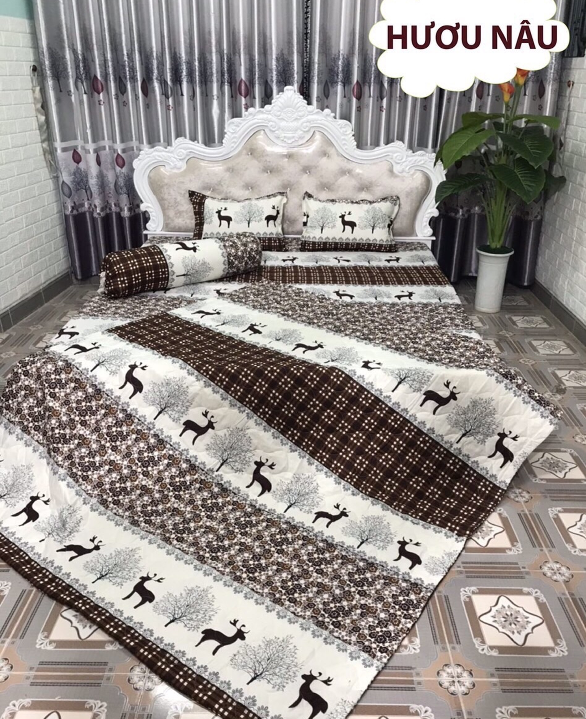 Trọn bộ chăn ga gối cotton poly 1m6x2m combo 5 món hưu nâu